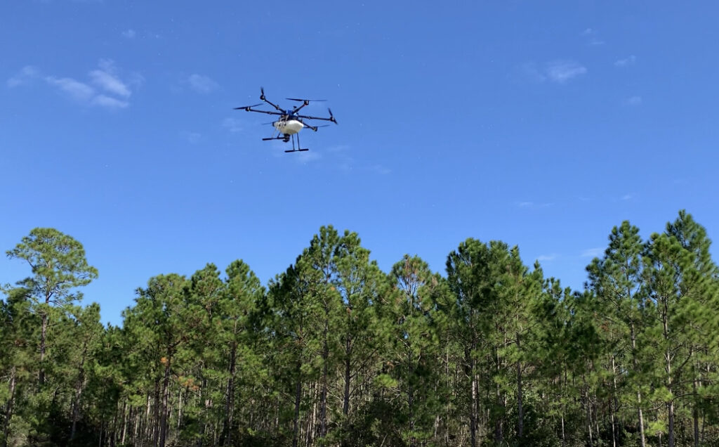drone flying over trees
