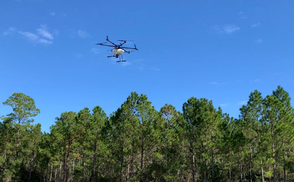 drone flying over trees